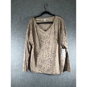 Chicos Animal Print V Neck Long Sleeve Top Women 4 XXL Beige Metallic Casual